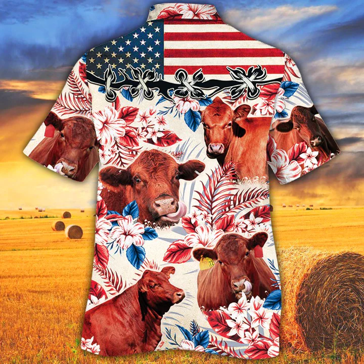 Red Angus Cattle Lovers American Flag Trendy Hawaiian Shirt, Cow Aloha Trendy Hawaiian Shirt