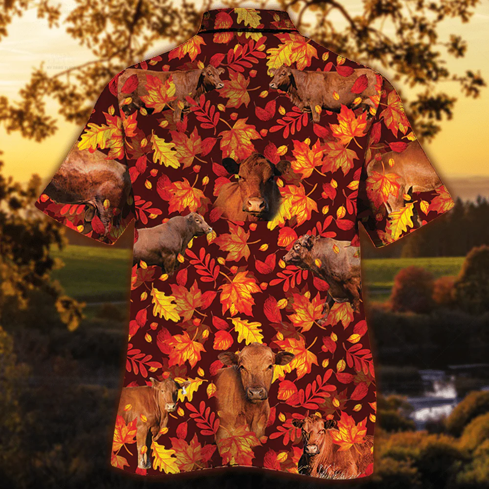 Red Angus Cattle Lovers Autumn Red Leaves Trendy Hawaiian Shirt, Cow Trendy Hawaiian Shirt For Summer Gifts