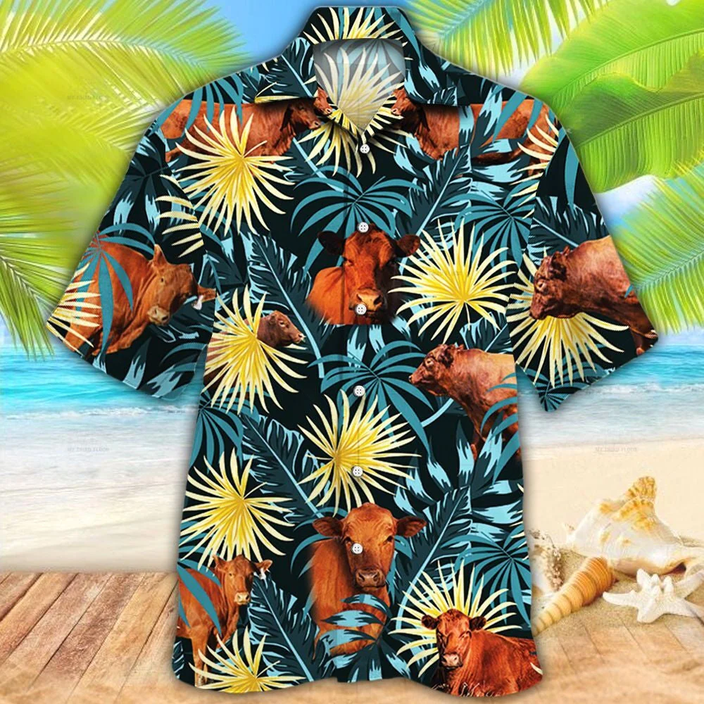 Red Angus Cattle Lovers Blue And Yellow Plants Trendy Hawaiian Shirt