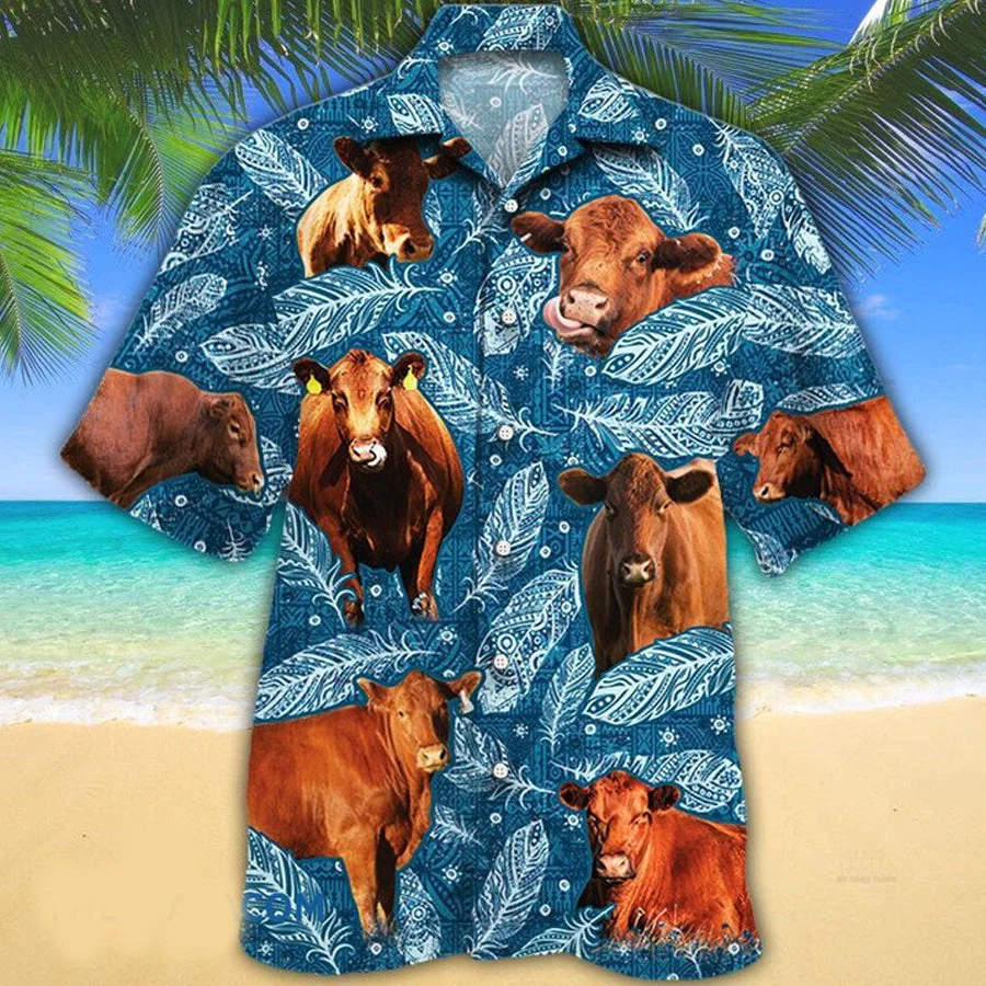 Red Angus Cattle Lovers Blue Feather Hawaii Trendy Hawaiian Shirt, Gift For Cow Lovers Red Angus Cattle Lovers Blue Feather Hawaii Trendy Hawaiian Shirt, Gift For Cow Lovers