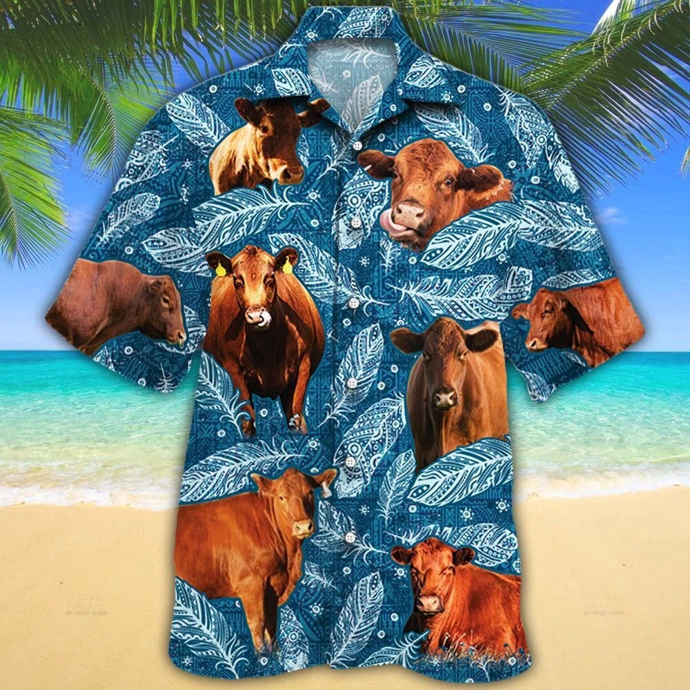 Red Angus Cattle Lovers Blue Feather Trendy Hawaiian Shirt Red Angus Cattle Lovers Blue Feather Trendy Hawaiian Shirt