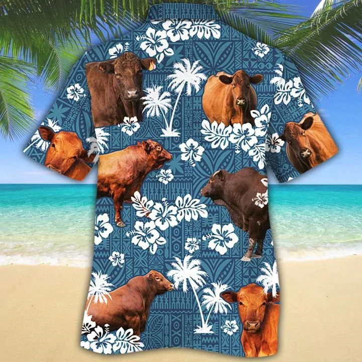 Red Angus Cattle Lovers Blue Tribal Trendy Hawaiian Shirt, Trendy Hawaiian Shirts For Men, Women