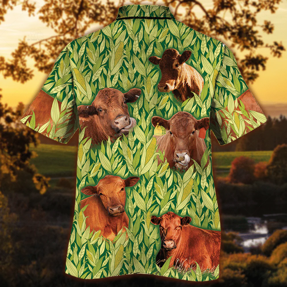 Red Angus Cattle Lovers Corn Pattern Trendy Hawaiian Shirt, Cow Trendy Hawaiian Shirt For Summer Gifts