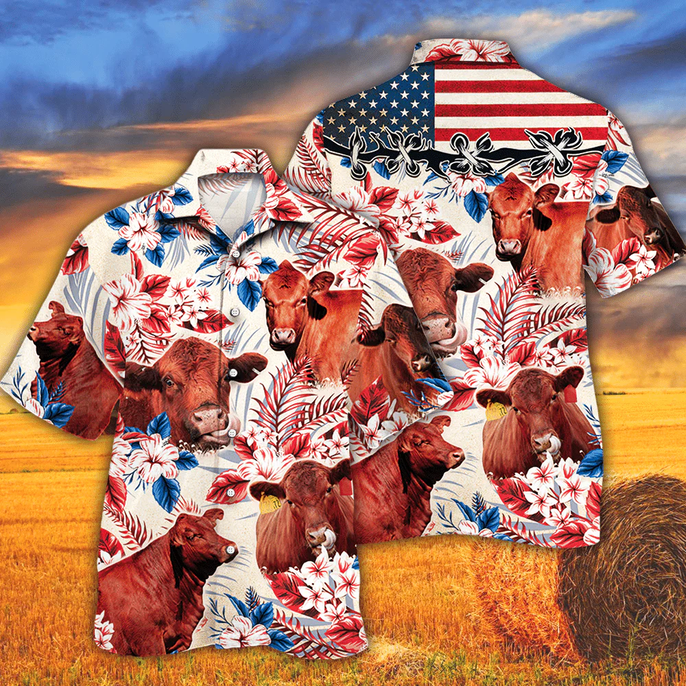 Red Angus Cattle Lovers Flag Themed Hawaiian Shirt