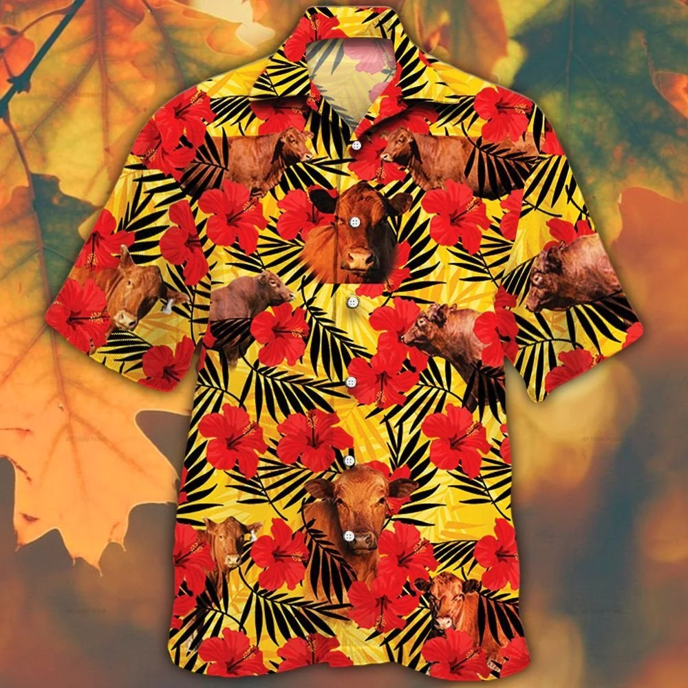 Red Angus Cattle Lovers Hibiscus Flower Trendy Hawaiian Shirt
