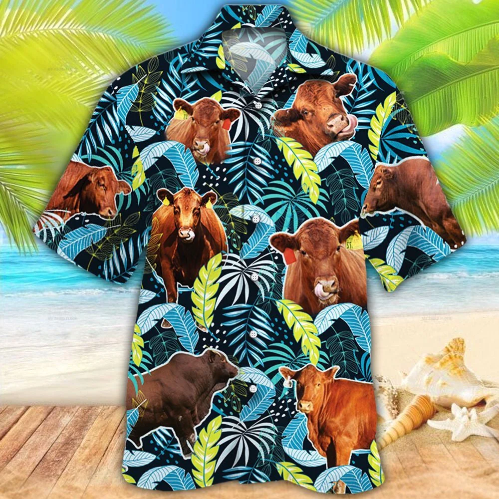 Red Angus Cattle Lovers Jungle Leaves Trendy Hawaiian Shirt