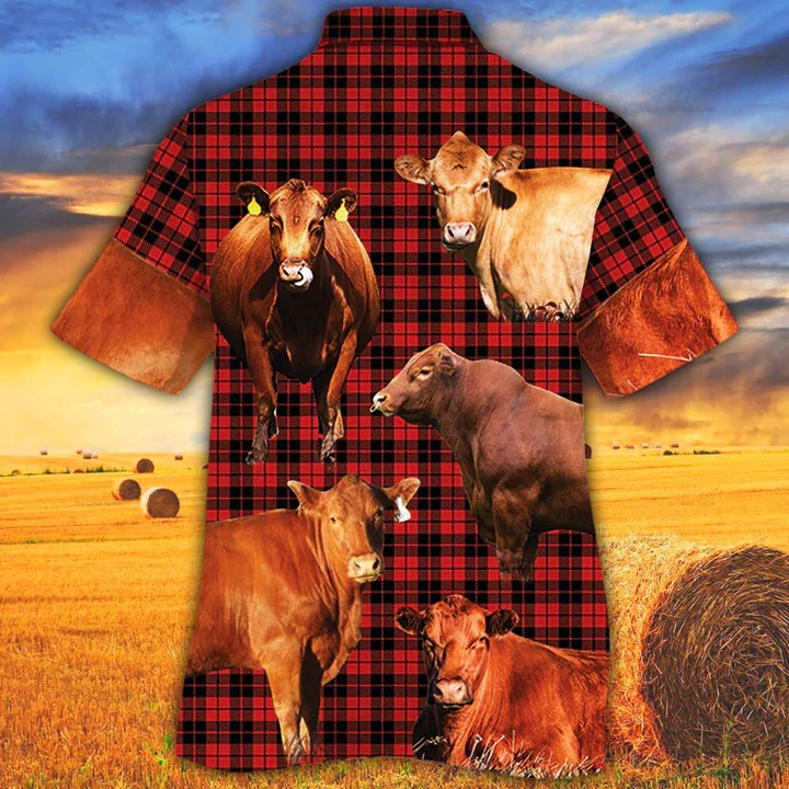 Red Angus Cattle Lovers Red Tartan Pattern Trendy Hawaiian Shirt – Animal Trendy Hawaiian Shirt, Cow Aloha Shirt, Gift For Cow Lovers