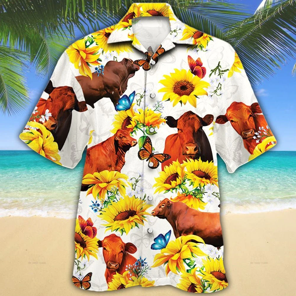 Red Angus Cattle Lovers Sun Flower Trendy Hawaiian Shirt