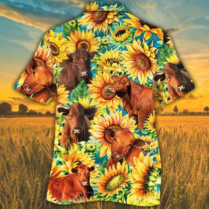 Red Angus Cattle Lovers Sunflower Watercolor Trendy Hawaiian Shirt, Cow Trendy Hawaiian Shirts For Men, Women