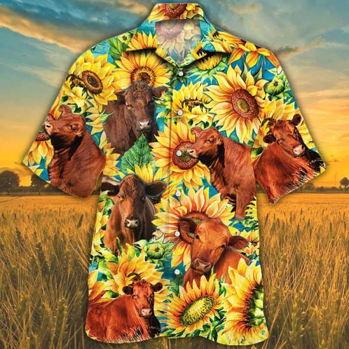 Red Angus Cattle Lovers Sunflower Watercolor Trendy Hawaiian Shirt, Cow Trendy Hawaiian Shirts For Men, Women Red Angus Cattle Lovers Sunflower Watercolor Trendy Hawaiian Shirt, Cow Trendy Hawaiian Shirts For Men, Women