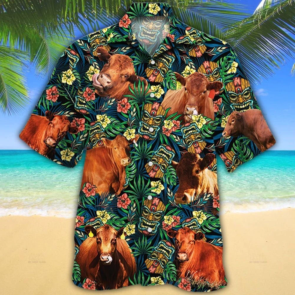 Red Angus Cattle Lovers Tribal Tiki Mask Trendy Hawaiian Shirt