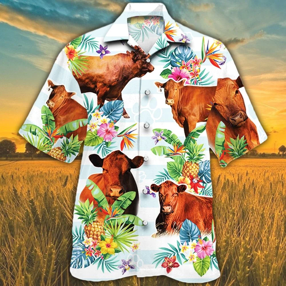Red Angus Cattle Lovers Tropical Flower Trendy Hawaiian Shirt
