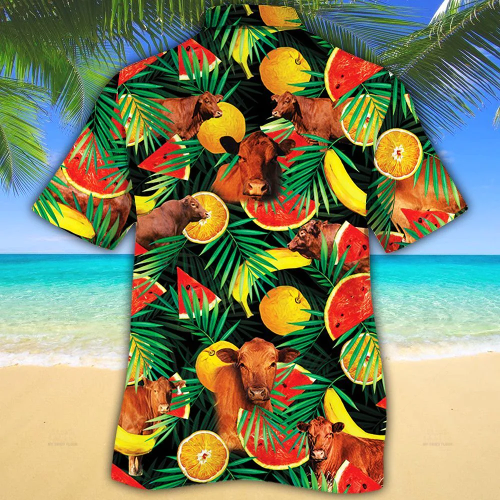 Red Angus Cattle Lovers Tropical Fruits Trendy Hawaiian Shirt, Cow Trendy Hawaiian Shirt For Summer Gifts