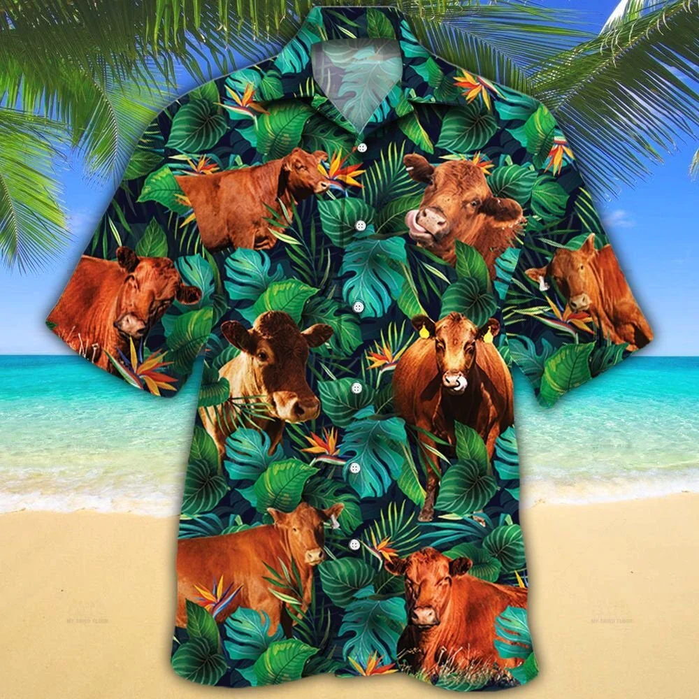 Red Angus Cattle Lovers Tropical Leaves Trendy Hawaiian Shirt Red Angus Cattle Lovers Tropical Leaves Trendy Hawaiian Shirt