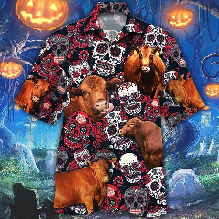 Red Angus Sugar Skull Floral Hawaiian Shirt Art Meets Livestock Passion