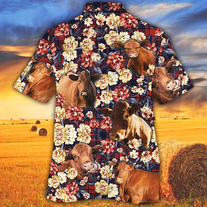 Red Angus Trendy Hawaiian Shirt, Summer Trendy Hawaiian Shirt, Animal Shirt, Cow Cattle Green Plaid Pattern Trendy Hawaiian Shirt