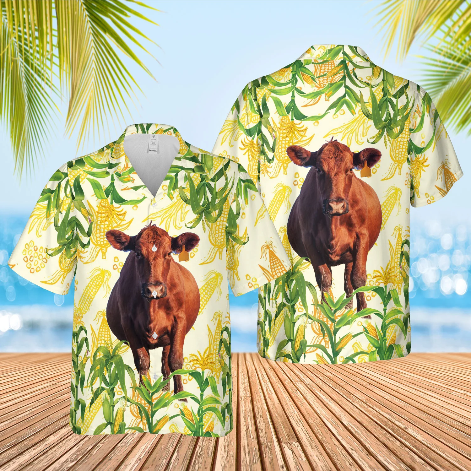 Red Angus Vibrant Print 3D Hawaiian Shirt Corn Farm Design