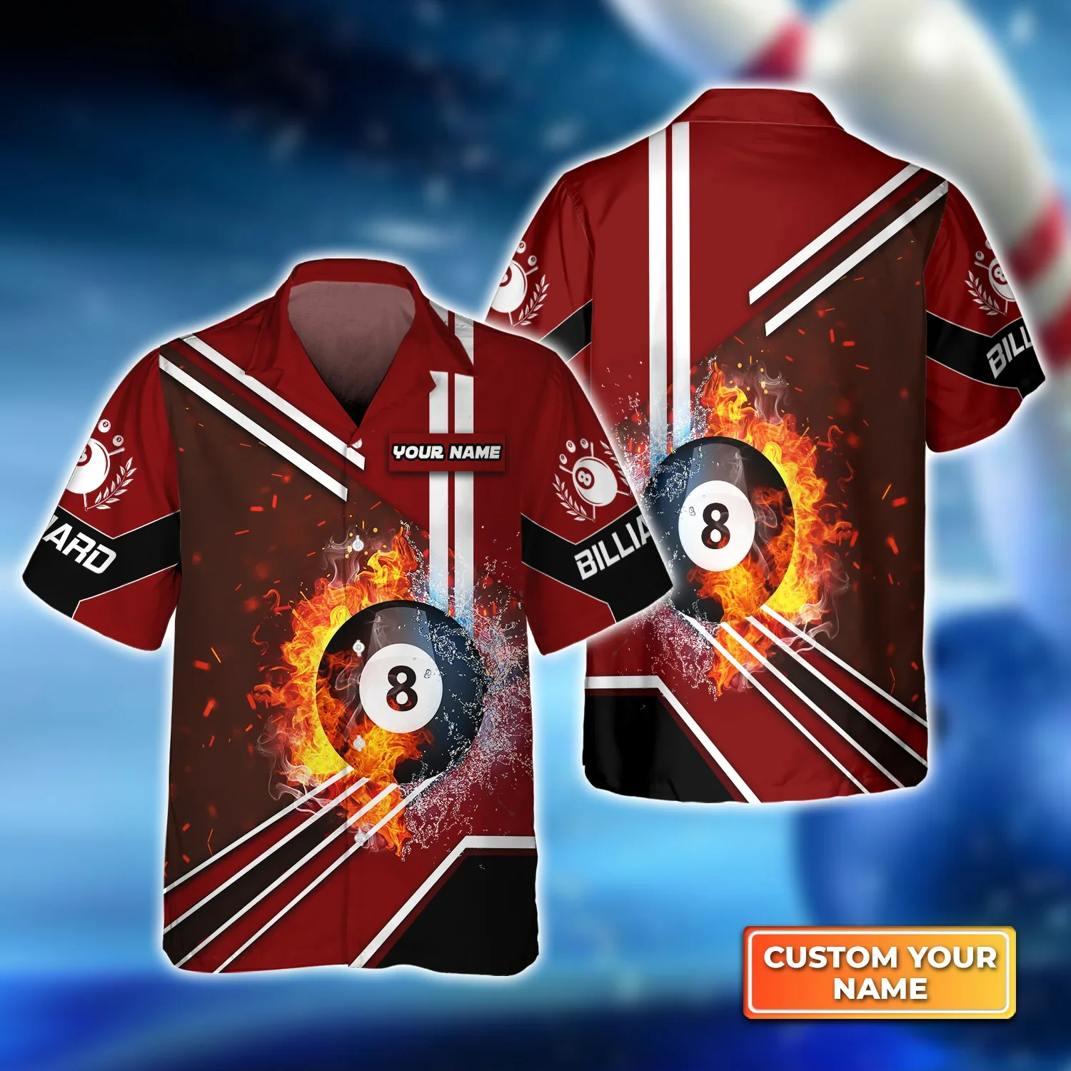 Red Billiard Pool 8 Ball On Fire Personalized Name 3D Trendy Hawaiian Shirt For Billiard Players