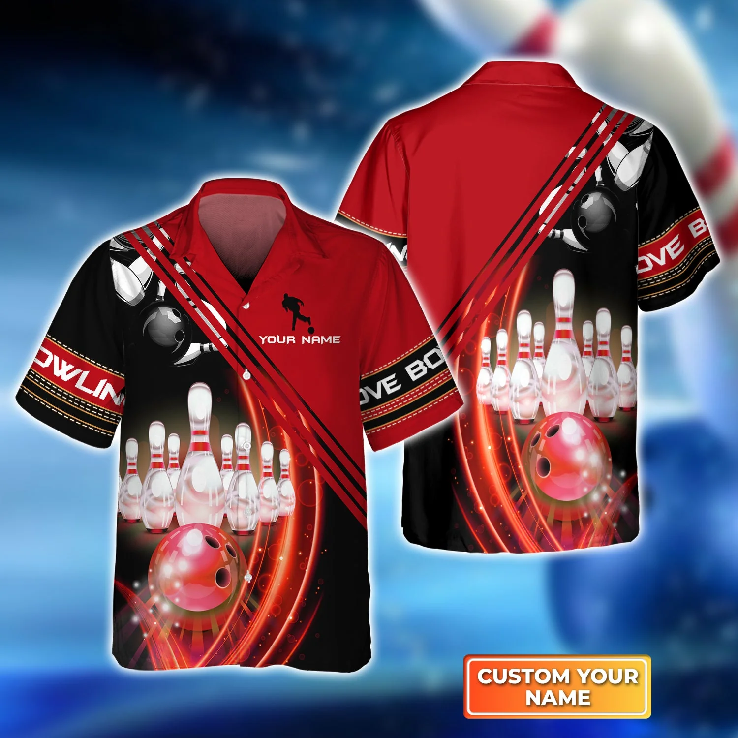 Red Bowling Ball In Motion And The Pins Trendy Hawaiian Shirt, Bowling Trendy Hawaiian Shirt For Men, Women, Bowling Team Shirt