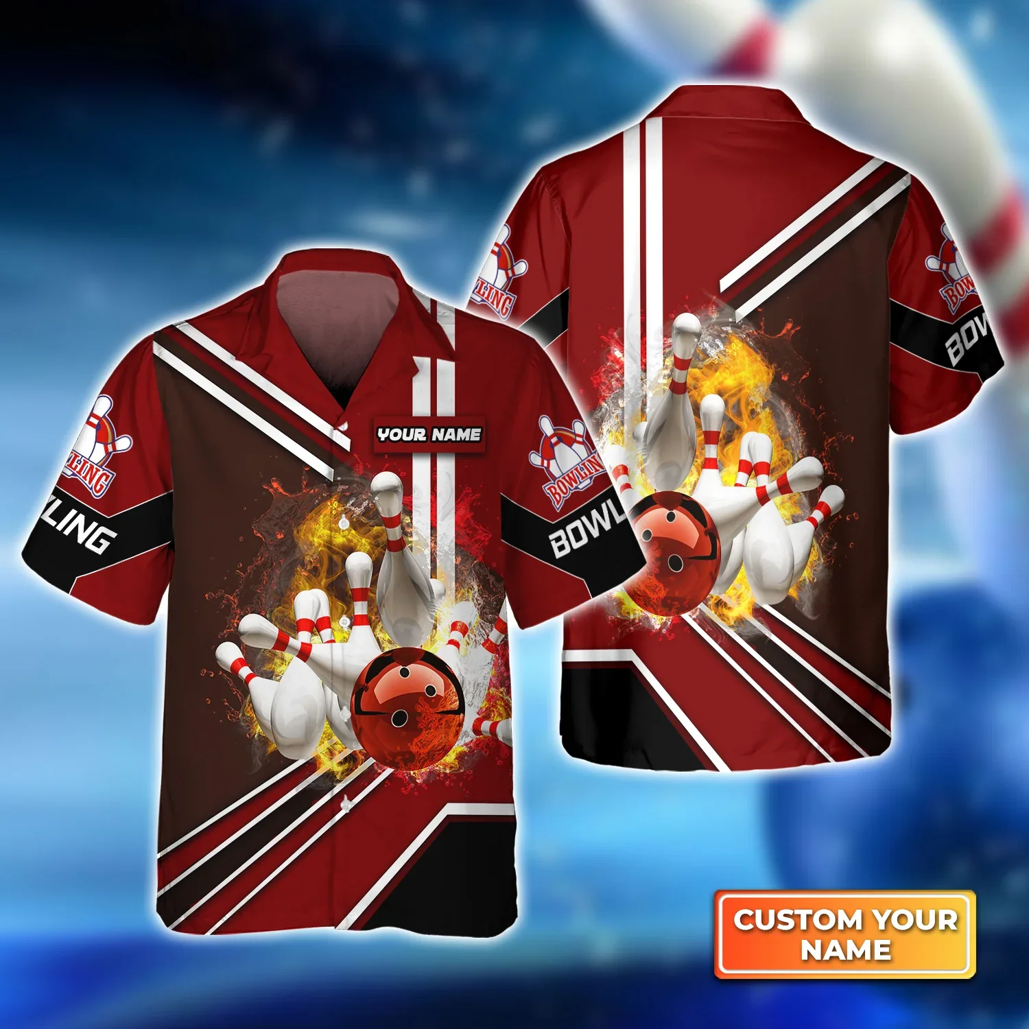 Red Bowling Ball On Fire Crashing Pins Trendy Hawaiian Shirt, Bowling Trendy Hawaiian Shirt For Men, Women, Bowling Team Shirt
