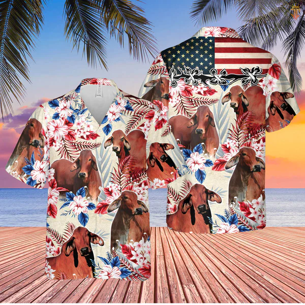 Red Brahman Cattle American Flag Flowers Trendy Hawaiian Shirt, Farm Trendy Hawaiian Shirt For Men And Women