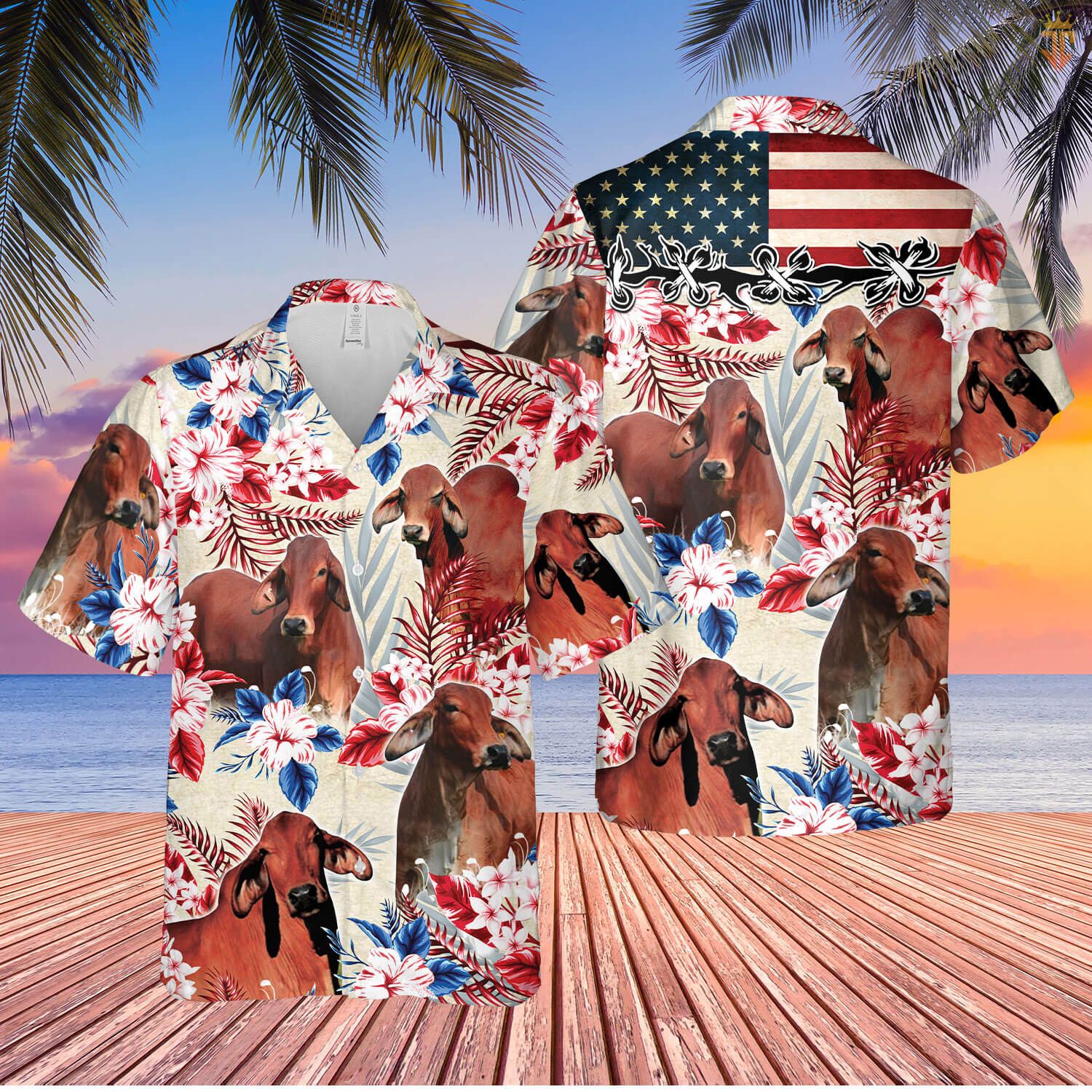 Red Brahman Cattle American Flag Hawaiian Flowers All Over Printed 3D Hawaiian Shirt