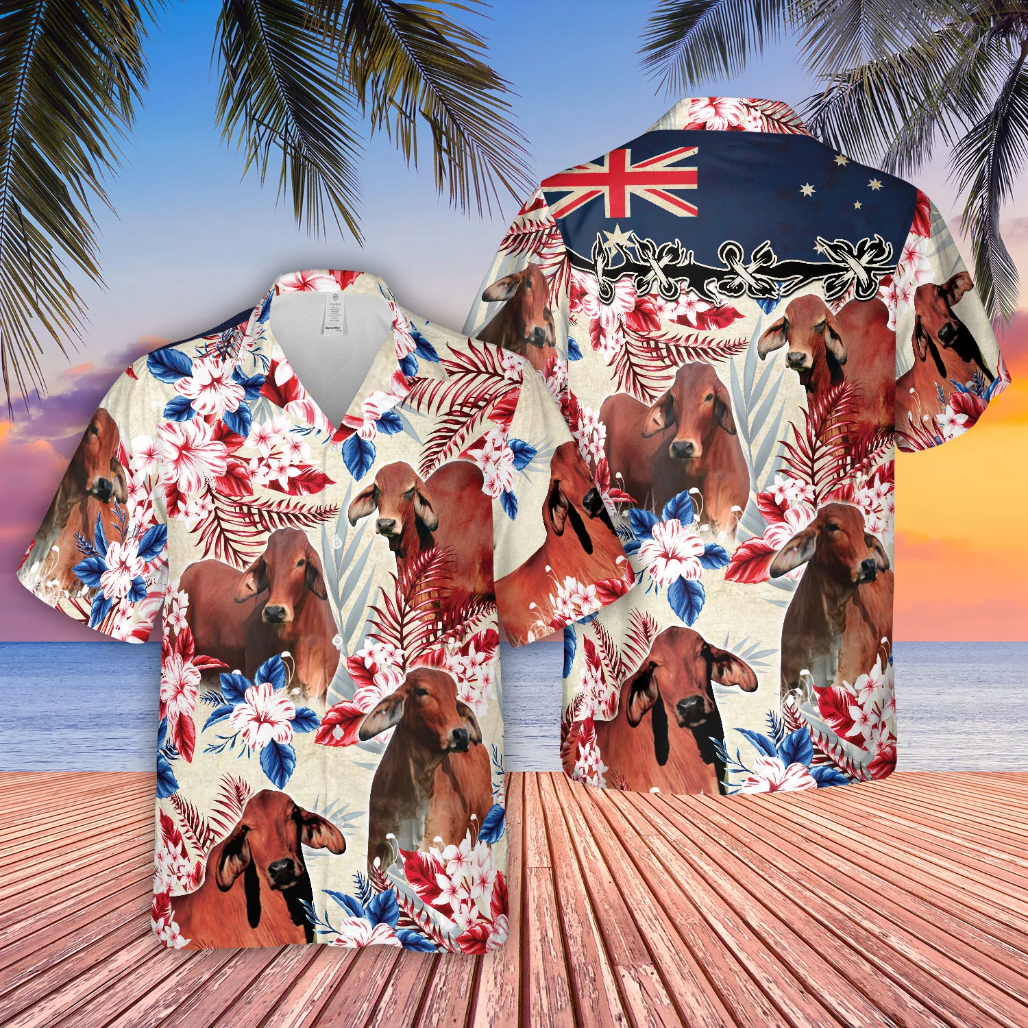 Red Brahman Cattle Australia Flag Hawaiian Flowers Hawaiian Shirt