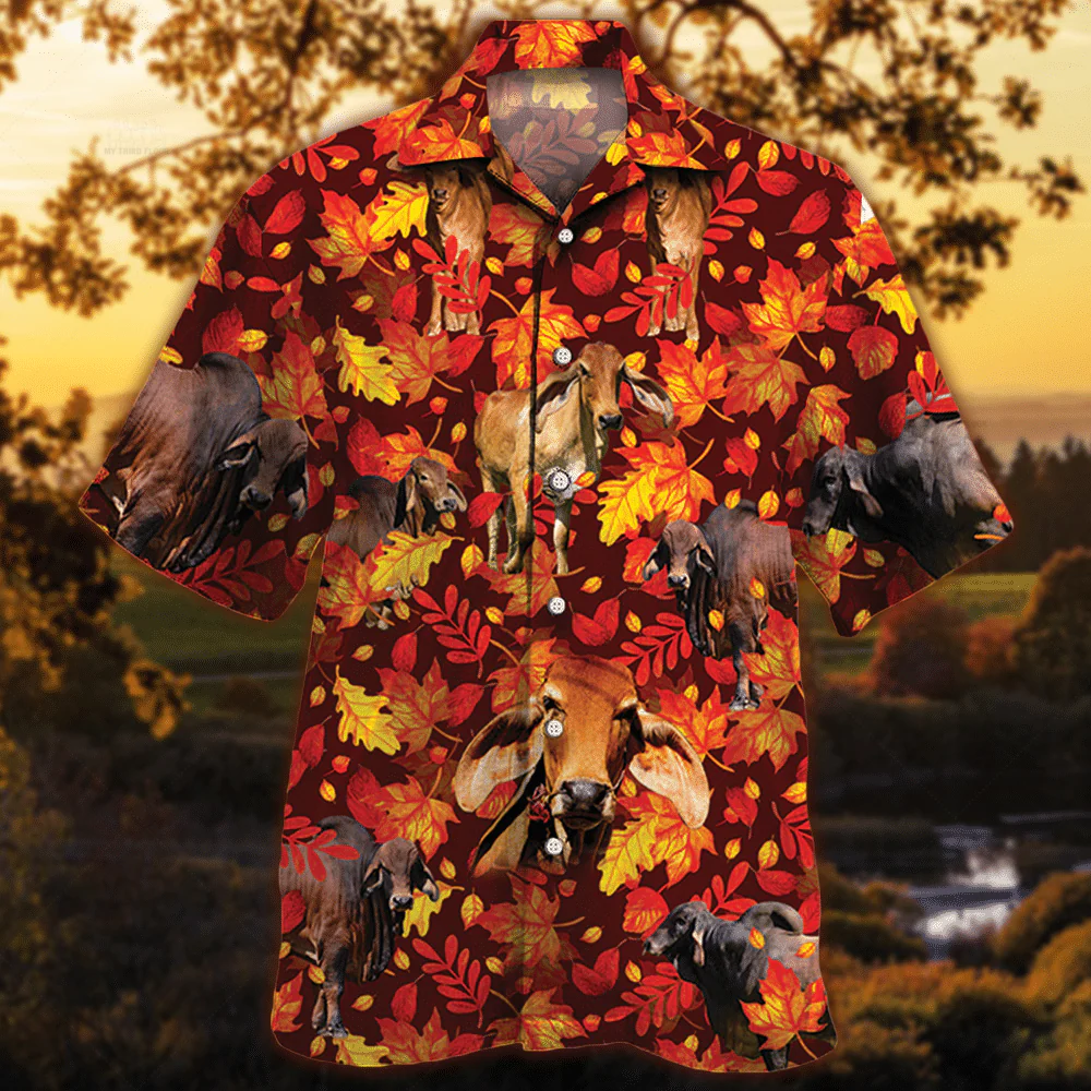 Red Brahman Cattle Autumn Leaves All Over Printed 3D Hawaiian Shirt