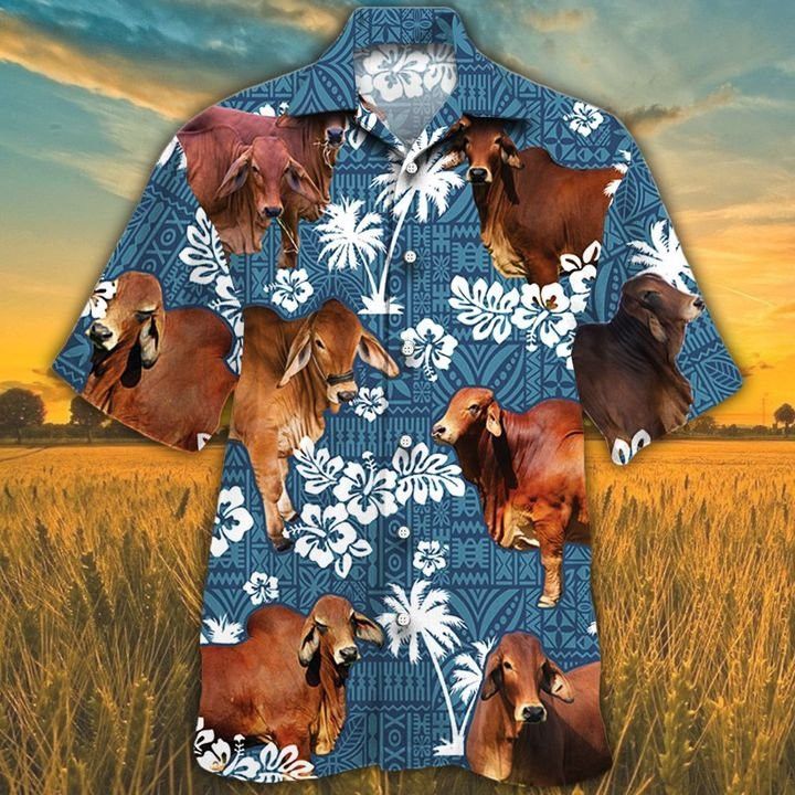 Red Brahman Cattle Blue Tribal All Over Printed 3D Hawaiian Shirt