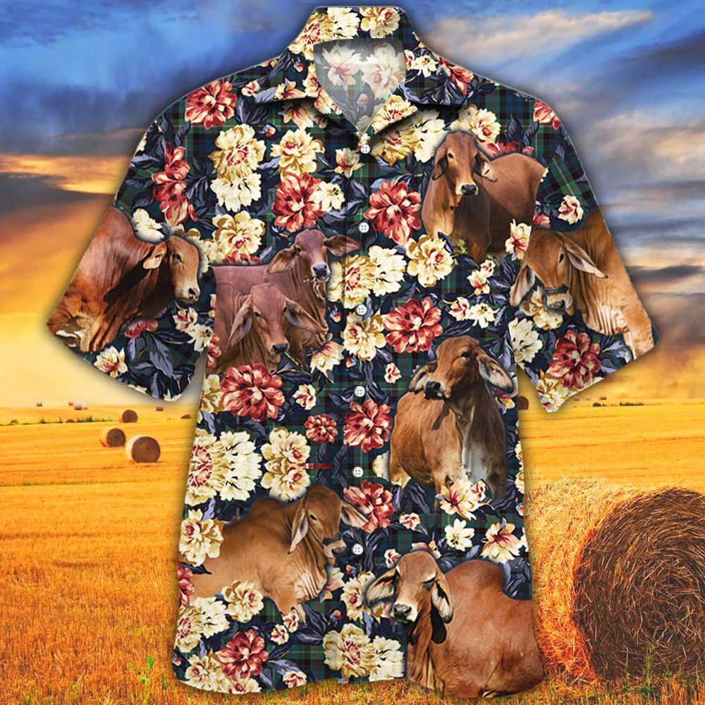 Red Brahman Cattle Hawaiian Shirt with Green Plaid Pattern