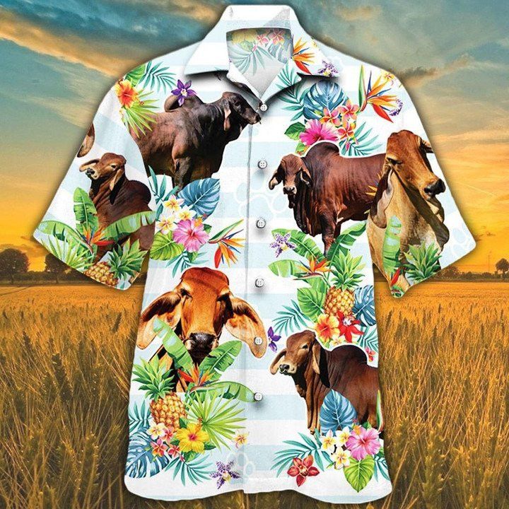 Red Brahman Cattle Hawaiian Theme Pineapple Tropical Flower All Printed 3D Hawaiian Shirt