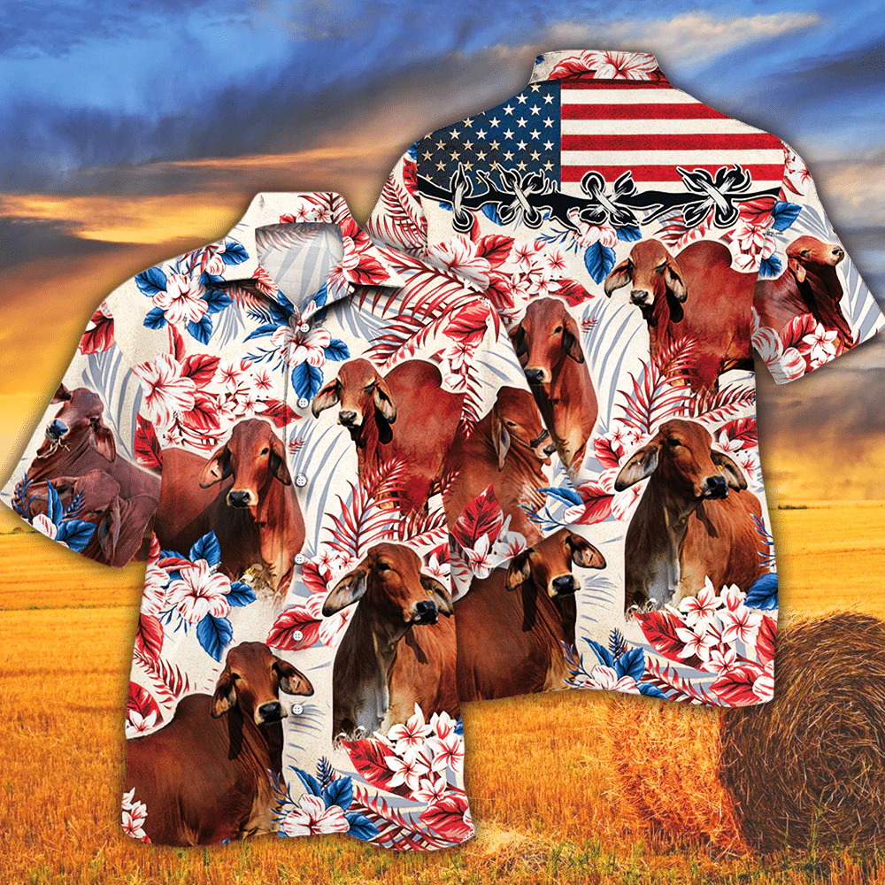 Red Brahman Cattle Lovers American Flag Trendy Hawaiian Shirt, Cow Trendy Hawaiian Shirt For Summer Gifts Red Brahman Cattle Lovers American Flag Trendy Hawaiian Shirt, Cow Trendy Hawaiian Shirt For Summer Gifts