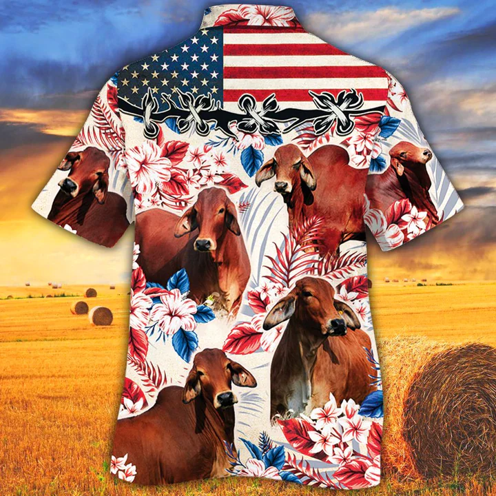 Red Brahman Cattle Lovers American Flag Trendy Hawaiian Shirt, Cow Trendy Hawaiian Shirt Vintage Flower, Trendy Hawaiian Shirt Men, Trendy Hawaiian Shirt Women