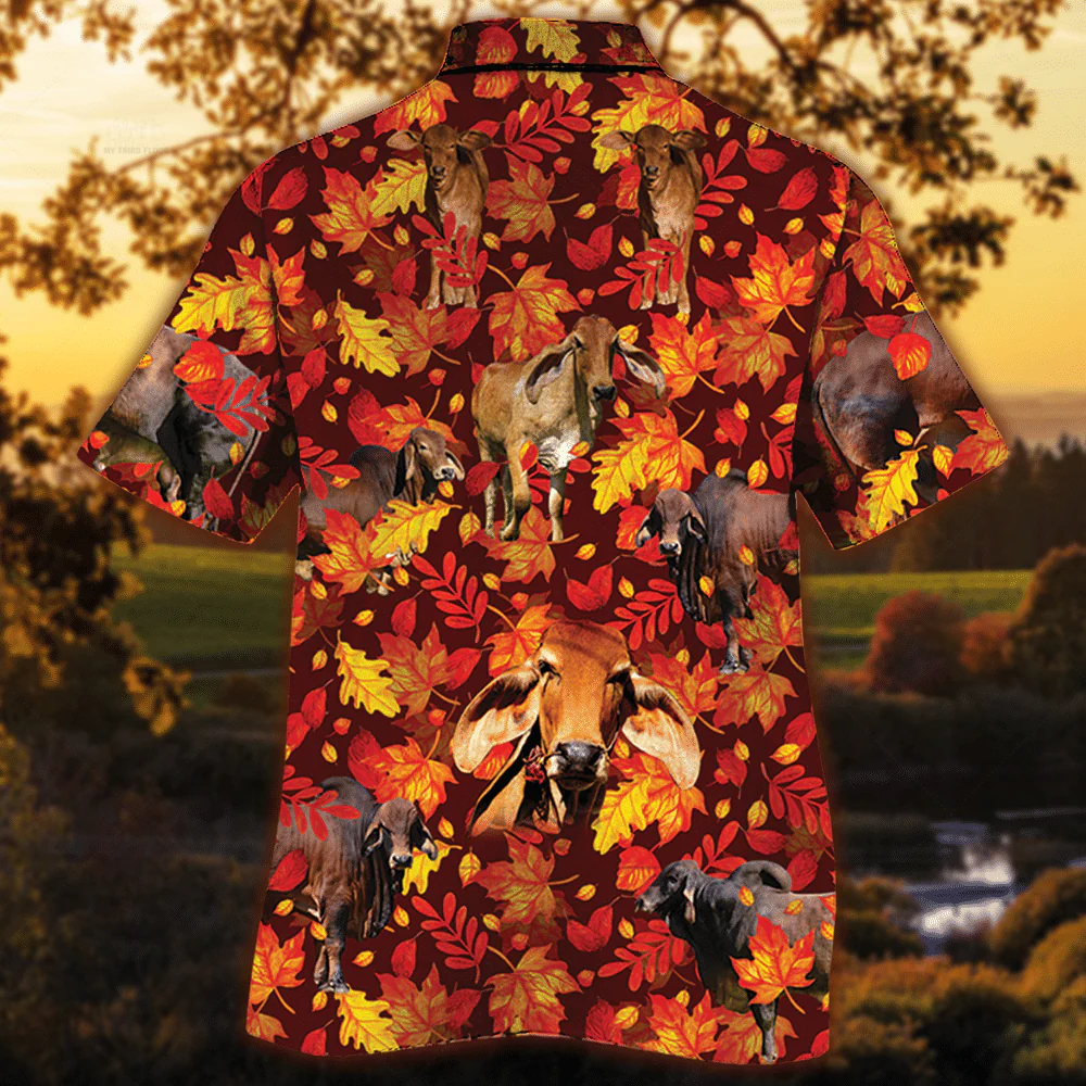 Red Brahman Cattle Lovers Autumn Red Leaves Trendy Hawaiian Shirt, Cow Trendy Hawaiian Shirt For Summer Gifts
