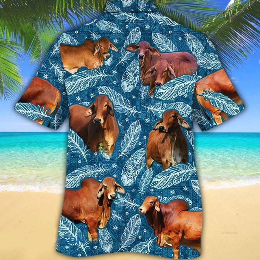 Red Brahman Cattle Lovers Blue Feather Hawaii Trendy Hawaiian Shirt Red Brahman Cattle Lovers Blue Feather Hawaii Trendy Hawaiian Shirt