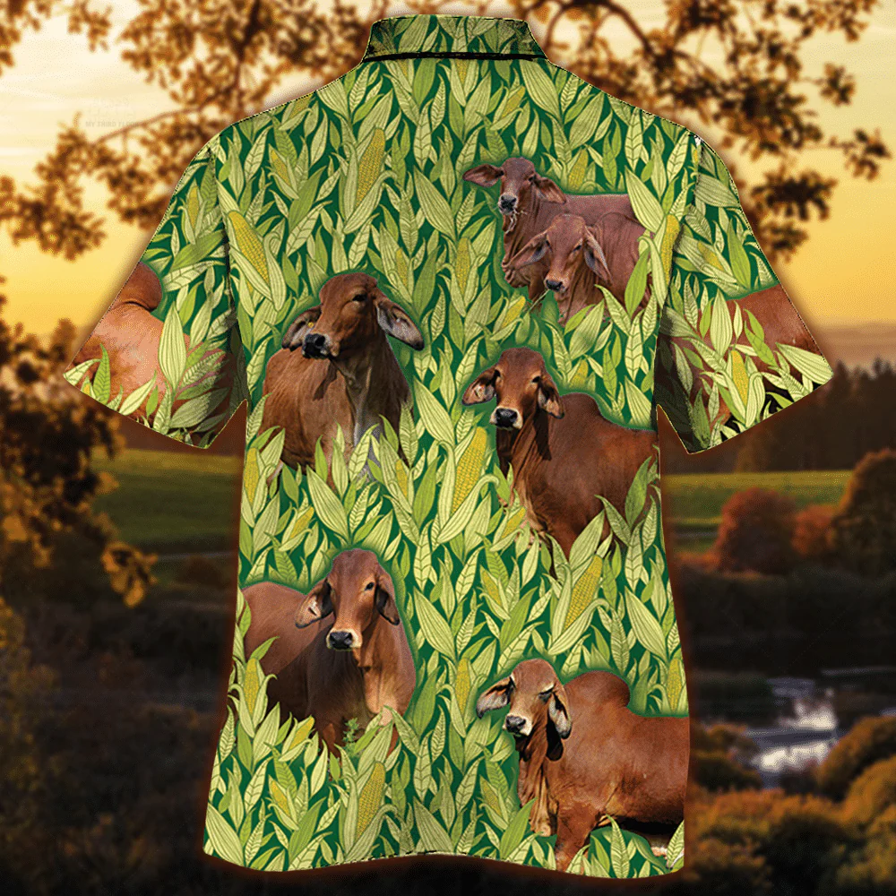 Red Brahman Cattle Lovers Corn Pattern Trendy Hawaiian Shirt, Cow Trendy Hawaiian Shirt For Summer Gifts