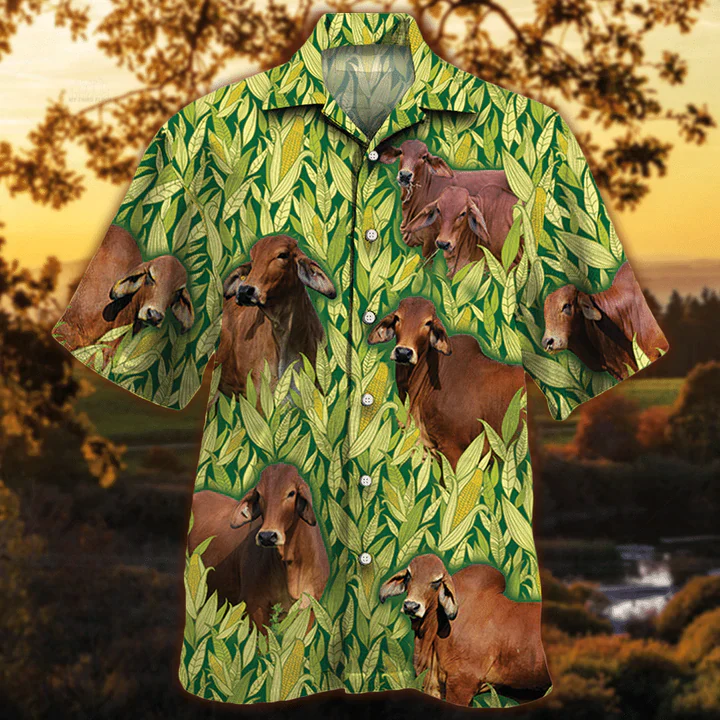 Red Brahman Cattle Lovers Corn Pattern Trendy Hawaiian Shirt, Vintage Farm Trendy Hawaiian Shirts For Men Red Brahman Cattle Lovers Corn Pattern Trendy Hawaiian Shirt, Vintage Farm Trendy Hawaiian Shirts For Men