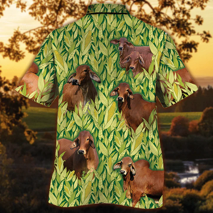 Red Brahman Cattle Lovers Corn Pattern Trendy Hawaiian Shirt, Vintage Farm Trendy Hawaiian Shirts For Men