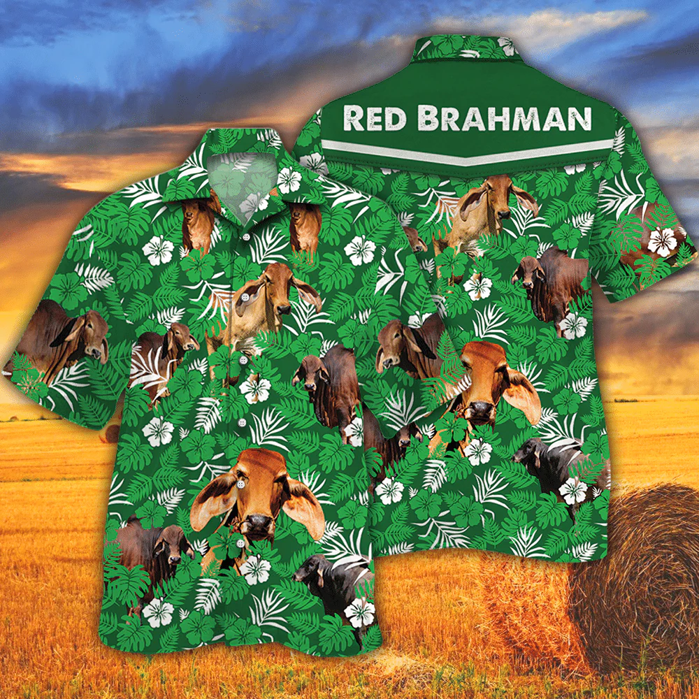 Red Brahman Cattle Lovers Green Floral Pattern Trendy Hawaiian Shirt, Cow Trendy Hawaiian Shirt For Summer Gifts Red Brahman Cattle Lovers Green Floral Pattern Trendy Hawaiian Shirt, Cow Trendy Hawaiian Shirt For Summer Gifts