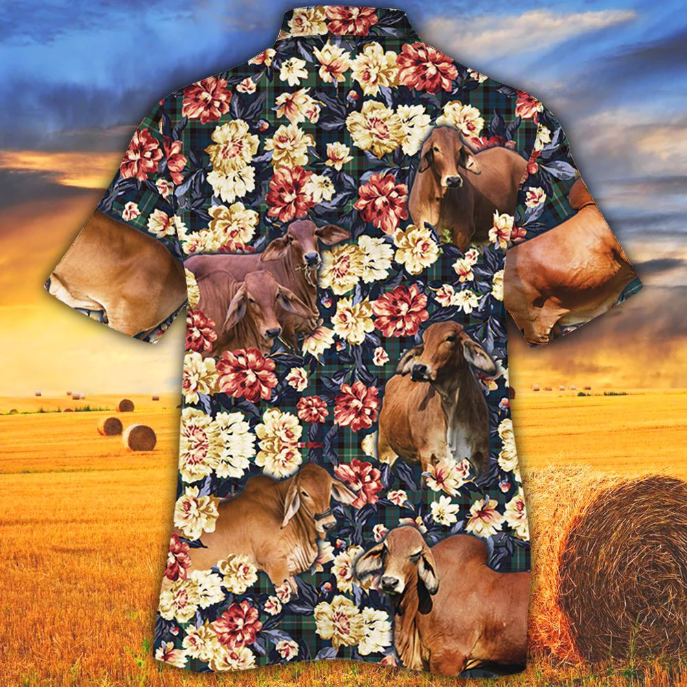 Red Brahman Cattle Lovers Green Plaid Pattern Trendy Hawaiian Shirt, Cow Trendy Hawaiian Shirt For Summer Gifts