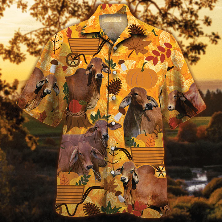 Red Brahman Cattle Lovers Orange Nature Autumn Hawaiian Shirt