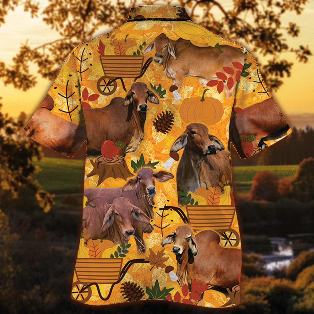 Red Brahman Cattle Lovers Orange Nature Autumn Trendy Hawaiian Shirt, Cow Trendy Hawaiian Shirt For Summer Gifts