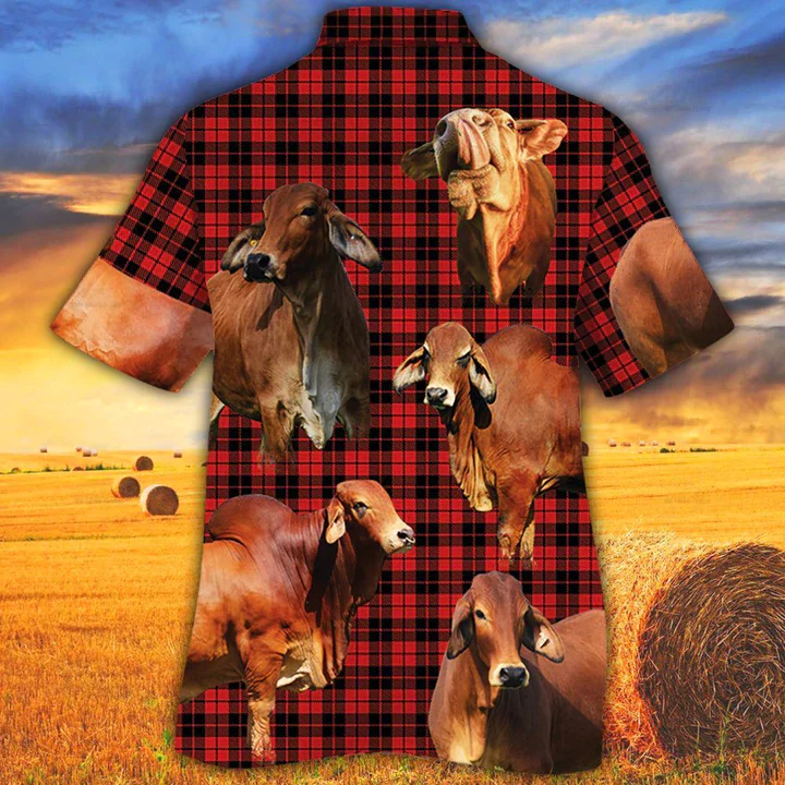 Red Brahman Cattle Lovers Red Tartan Pattern Trendy Hawaiian Shirt – Animal Trendy Hawaiian Shirt, Cow Aloha Shirt, Gift For Cow Lovers