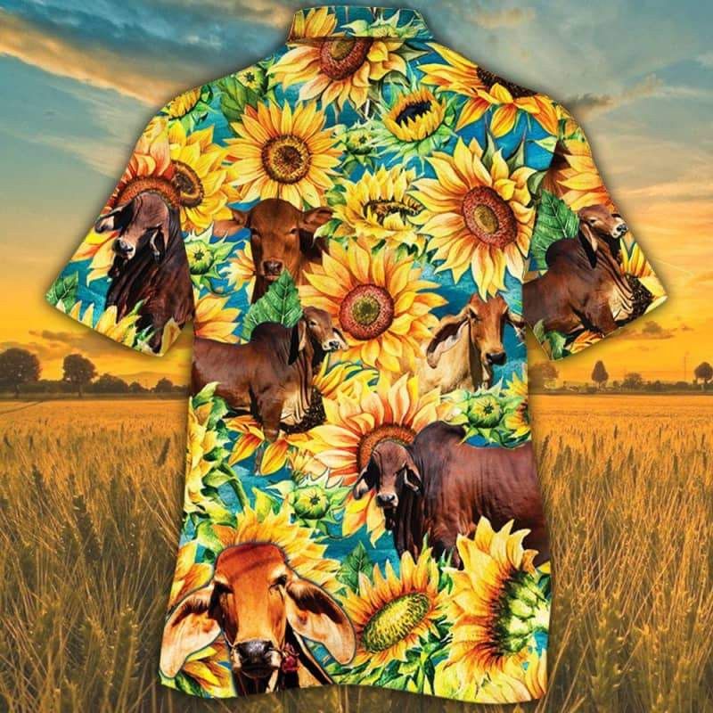 Red Brahman Cattle Lovers Sunflower Watercolor Trendy Hawaiian Shirt, Cow Trendy Hawaiian Shirt For Summer Gifts