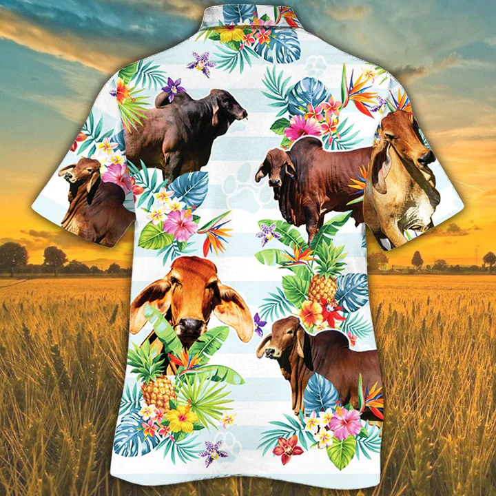 Red Brahman Cattle Lovers Tropical Flower Trendy Hawaiian Shirt, Cow Summer Trendy Hawaiian Shirt