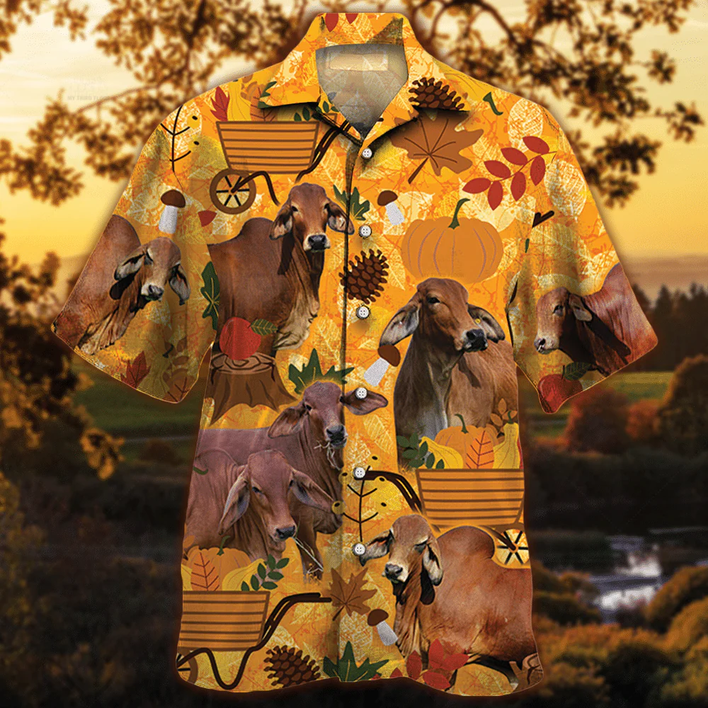 Red Brahman Cattle Nature Autumn Pumpkin All Over Printed 3D Hawaiian Shirt