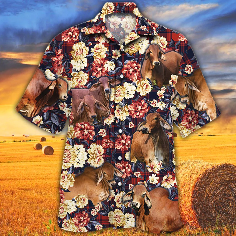 Red Brahman Cattle Red Plaid Pattern All Over Printed 3D Hawaiian Shirt