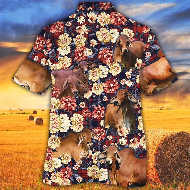 Red Brahman Cattle Red Plaid Trendy Hawaiian Shirt Men, Cow Trendy Hawaiian Shirt, Summer Trendy Hawaiian Shirt, Animal Shirt