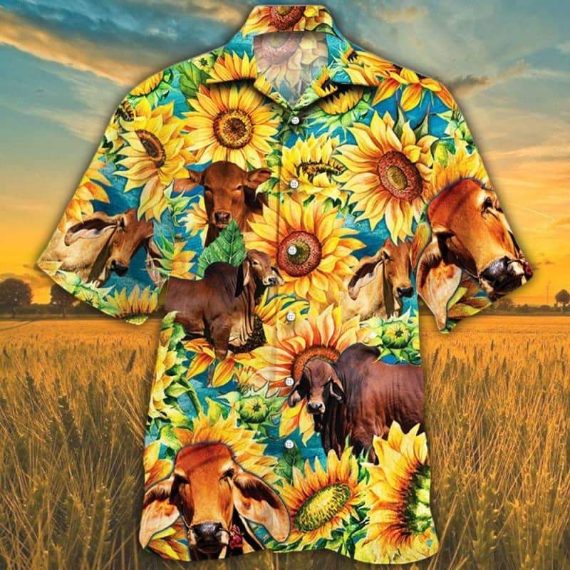 Red Brahman Hawaiian Shirt with Sunflower Watercolor Art