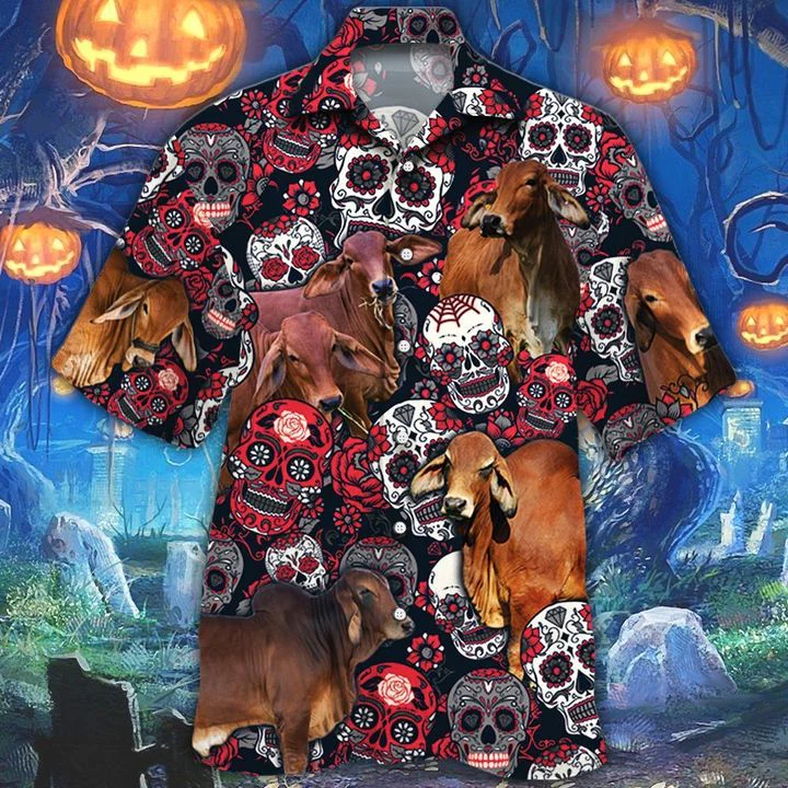 Red Brahman Sugar Skull Floral 3D Hawaiian Shirt Design